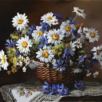 Painting titled "Daisies and cornflo…" by Tatjana Cechun, Original Artwork, Oil