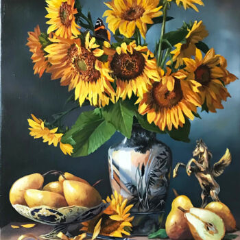 Painting titled "Sunflowers and pears" by Tatjana Cechun, Original Artwork, Oil