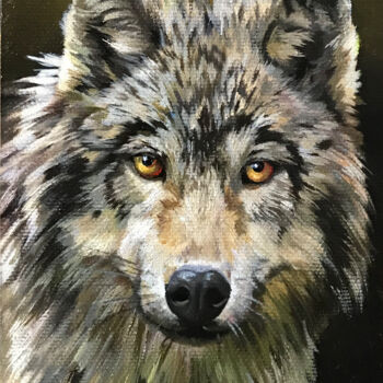 Schilderij getiteld "Miniature "Wolf"" door Tatjana Cechun, Origineel Kunstwerk, Olie