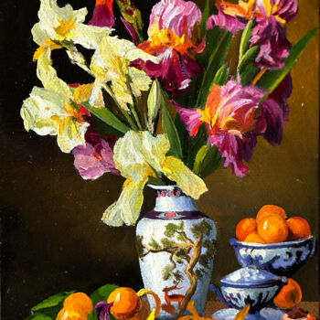Painting titled "Miniature «Irises»" by Tatjana Cechun, Original Artwork, Oil Mounted on Cardboard
