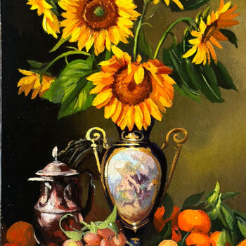 Painting titled "Miniature «Sunflowe…" by Tatjana Cechun, Original Artwork, Oil Mounted on Cardboard