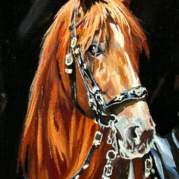 Painting titled "Brown horse in harn…" by Tatjana Cechun, Original Artwork, Oil Mounted on Cardboard