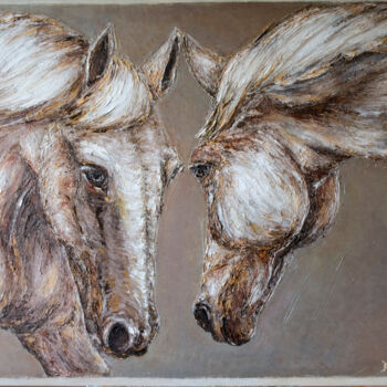 Schilderij getiteld "Horses" door Tatjana Dan'Shina, Origineel Kunstwerk, Olie Gemonteerd op Frame voor houten brancard