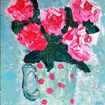 Painting titled "Roses in vase with…" by Tatjana Karabasevic, Original Artwork, Oil