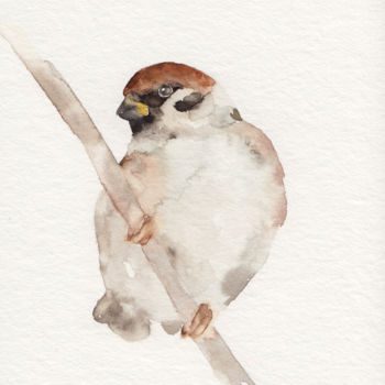 Malerei mit dem Titel "Spatz auf dem Ast,…" von Delicate Aesthetic, Original-Kunstwerk, Aquarell