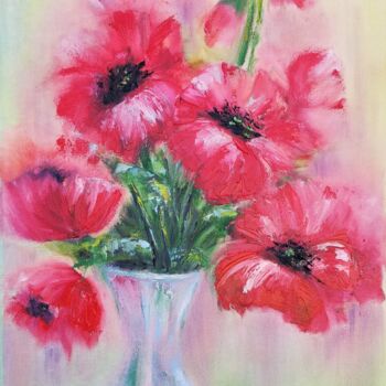 Painting titled "Red flowers still l…" by Tatsiana Yelistratava, Original Artwork, Oil Mounted on Wood Stretcher frame