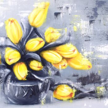 Pittura intitolato "Yellow tulips." da Tatsiana Yelistratava, Opera d'arte originale, Olio Montato su Telaio per barella in…