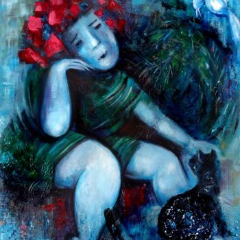 Painting titled "A girl with a cat a…" by Tatti Lobanova, Original Artwork, Acrylic