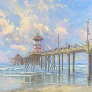 Painting titled "Pier Stroll At Newp…" by Tatyana Fogarty, Original Artwork, Oil Mounted on Other rigid panel