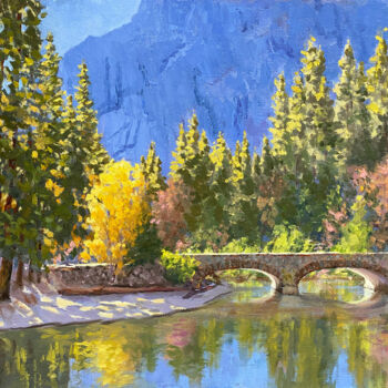 Painting titled "Bridge Over Merced…" by Tatyana Fogarty, Original Artwork, Oil Mounted on Other rigid panel