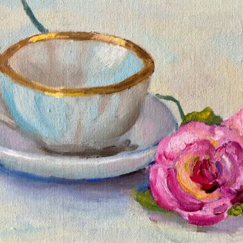 Malerei mit dem Titel "Tea cup and rose pa…" von Tatyana Kurkova, Original-Kunstwerk, Öl