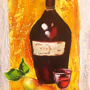 Painting titled "Wine bottle and fru…" by Tatyana Kurkova, Original Artwork, Oil