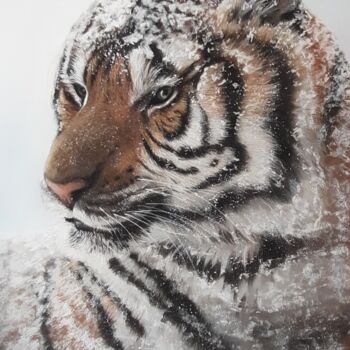 Dessin intitulée "Tiger in the snow" par Tatyana Lukanenko, Œuvre d'art originale, Pastel