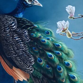 Malarstwo zatytułowany „Peacock and magnolia” autorstwa Tatyana Lukanenko, Oryginalna praca, Pastel