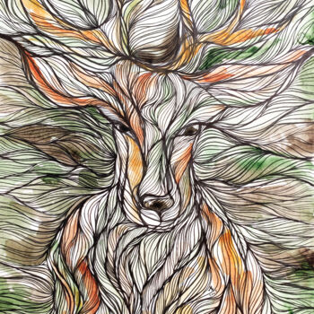 Malarstwo zatytułowany „Deep forest. Deer” autorstwa Tatyana Mustafina (MUSTA), Oryginalna praca, Akwarela