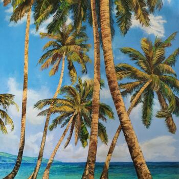 Painting titled "Sea,palm trees, sum…" by Tatyana Orlovetskaya, Original Artwork, Oil Mounted on Wood Stretcher frame
