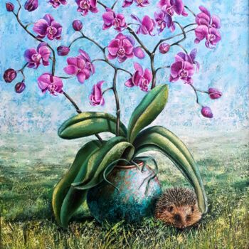 Painting titled "Orchid and Hedgehog" by Tatyana Orlovetskaya, Original Artwork, Oil Mounted on Wood Stretcher frame