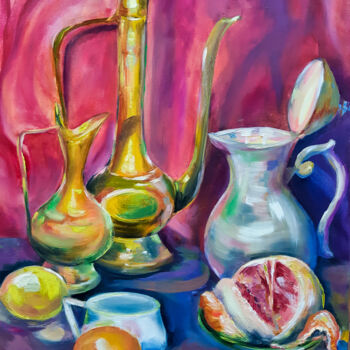 Painting titled "Still Life with Jugs" by Tatyana Pertsel, Original Artwork, Oil Mounted on Wood Stretcher frame