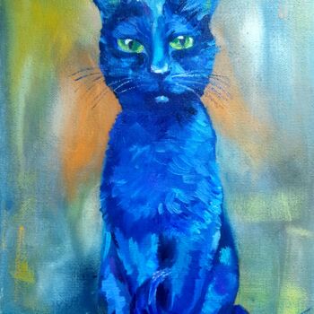 Painting titled "Cat" by Tatyana Pertsel, Original Artwork, Oil Mounted on Wood Stretcher frame