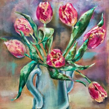 Schilderij getiteld "Spring. Tulips. Oil…" door Tatyana Pertsel, Origineel Kunstwerk, Olie Gemonteerd op Frame voor houten b…