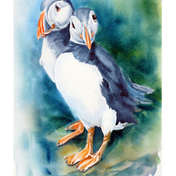 Painting titled "забавные птицы" by Tatyana Pustovit, Original Artwork, Watercolor