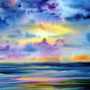 Drawing titled "sunset over the sea" by Tatyana Pustovit, Original Artwork, Watercolor