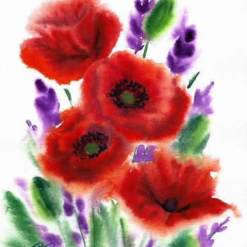 Painting titled "Red poppy" by Tatyana Pustovit, Original Artwork, Watercolor
