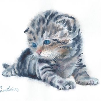 Painting titled "Little kitten" by Tatyana Pustovit, Original Artwork, Watercolor