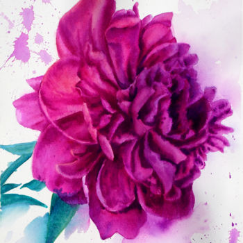 Peinture intitulée "Burgundy Peony" par Tatyana Pustovit, Œuvre d'art originale, Aquarelle