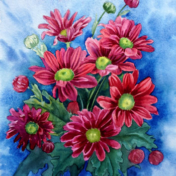Картина под названием "Bouquet of chrysant…" - Tatyana Pustovit, Подлинное произведение искусства, Акварель