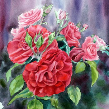 Картина под названием "red roses" - Tatyana Pustovit, Подлинное произведение искусства, Акварель