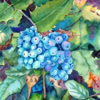Peinture intitulée "Turquoise berries" par Tatyana Pustovit, Œuvre d'art originale, Aquarelle