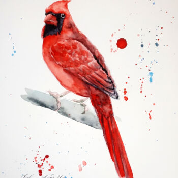 Peinture intitulée "The Red Cardinal Bi…" par Tatyana Pustovit, Œuvre d'art originale, Aquarelle