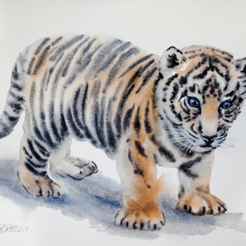 Painting titled "Tiger Cub" by Tatyana Pustovit, Original Artwork, Watercolor