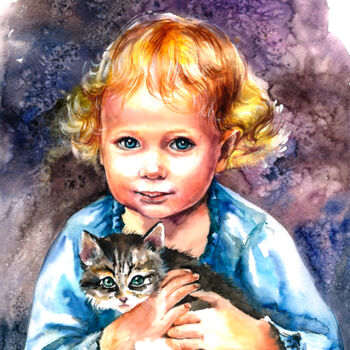 Pintura intitulada "enfant peinture _ c…" por Tatyana Ustyantseva, Obras de arte originais, Aquarela