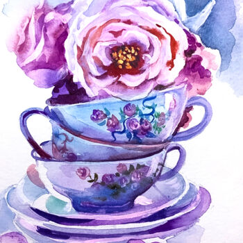 Schilderij getiteld "Roses Watercolor Pa…" door Tatyana Ustyantseva, Origineel Kunstwerk, Aquarel