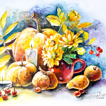 Pintura titulada "Autumn illustration" por Tatyana Ustyantseva, Obra de arte original, Acuarela