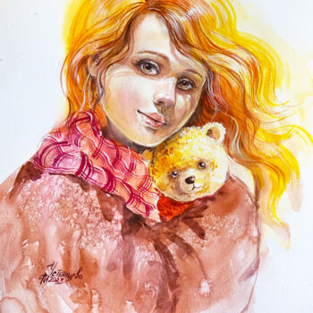 Painting titled "Red Haired Girl Art" by Tatyana Ustyantseva, Original Artwork, Watercolor