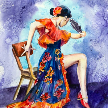 Peinture intitulée "Flamenco watercolor…" par Tatyana Ustyantseva, Œuvre d'art originale, Aquarelle