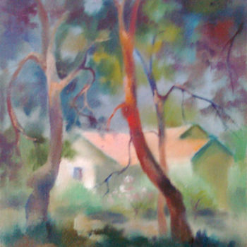 Painting titled "House under pinetre…" by Tatyana Berestov, Original Artwork, Oil