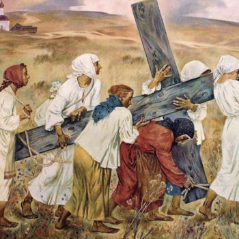 Painting titled "Carrying the Cross" by Viktor Bychkov, Original Artwork, Oil