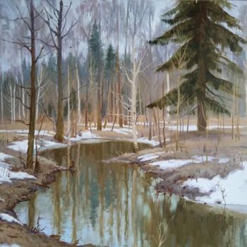 Pittura intitolato "last snow" da Viktor Bychkov, Opera d'arte originale, Olio
