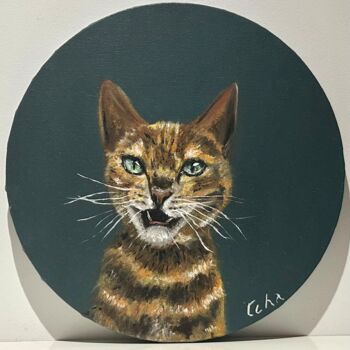 Painting titled "Ambiguous cat" by Tchart, Original Artwork, Oil Mounted on Wood Stretcher frame