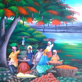 Painting titled "Market under the Fl…" by Thp, Original Artwork, Acrylic