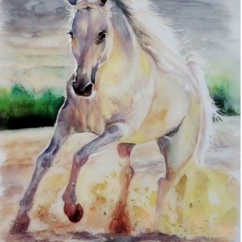 Painting titled "W galopie" by Teresa Kopańska, Original Artwork, Watercolor