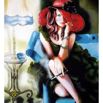 Schilderij getiteld ""Czerwony kapelusz"" door Teresa Kopańska, Origineel Kunstwerk, Aquarel