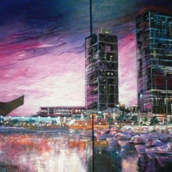 Painting titled "puerto olimpico ( B…" by Chivrall, Original Artwork, Oil Mounted on Wood Stretcher frame
