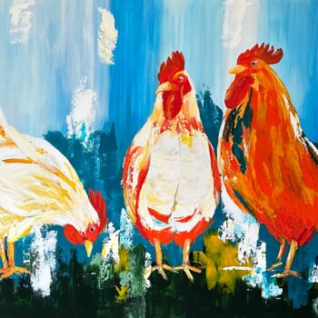 Malerei mit dem Titel "Colorful chickens" von Teresinha Van Bavel, Original-Kunstwerk, Acryl