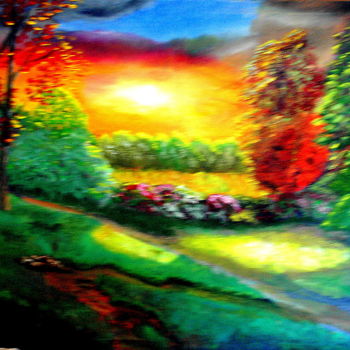 Pittura intitolato "sunset in the forest" da Sergo Ter-Ner Ter-Nersesov, Opera d'arte originale, Olio