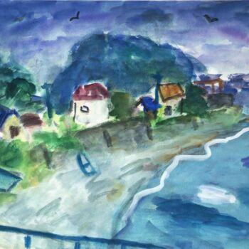 Pintura intitulada "A fishing port in J…" por Terushige Matsumoto, Obras de arte originais, Aquarela